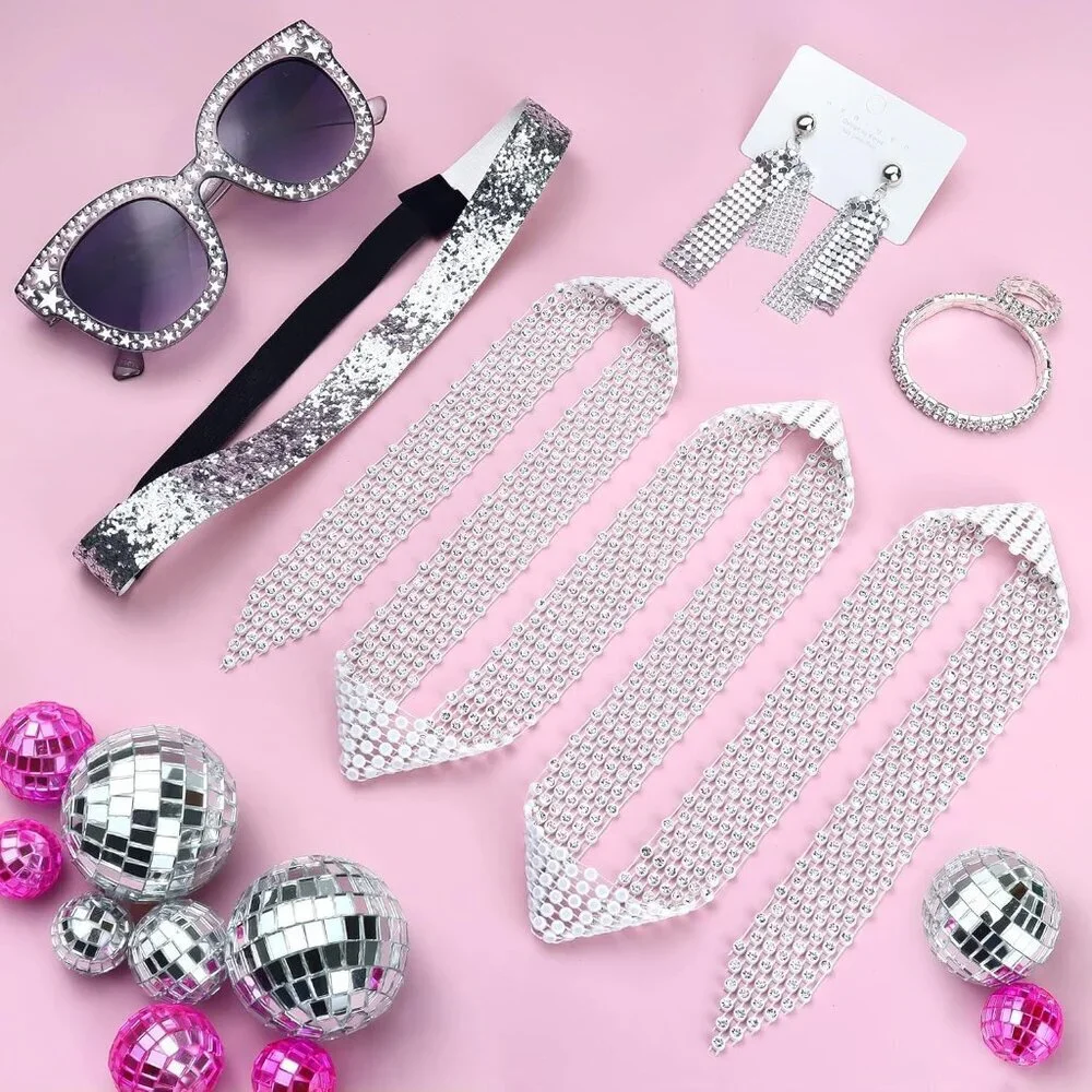 6 Pcs 70s Disco Accessories Jewelry Set Earrings Ring Sunglasses Scarf Headband